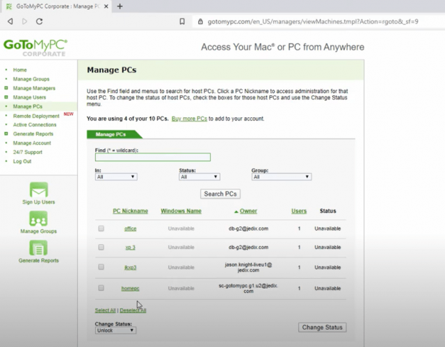 GoToMyPC corporate plan interface