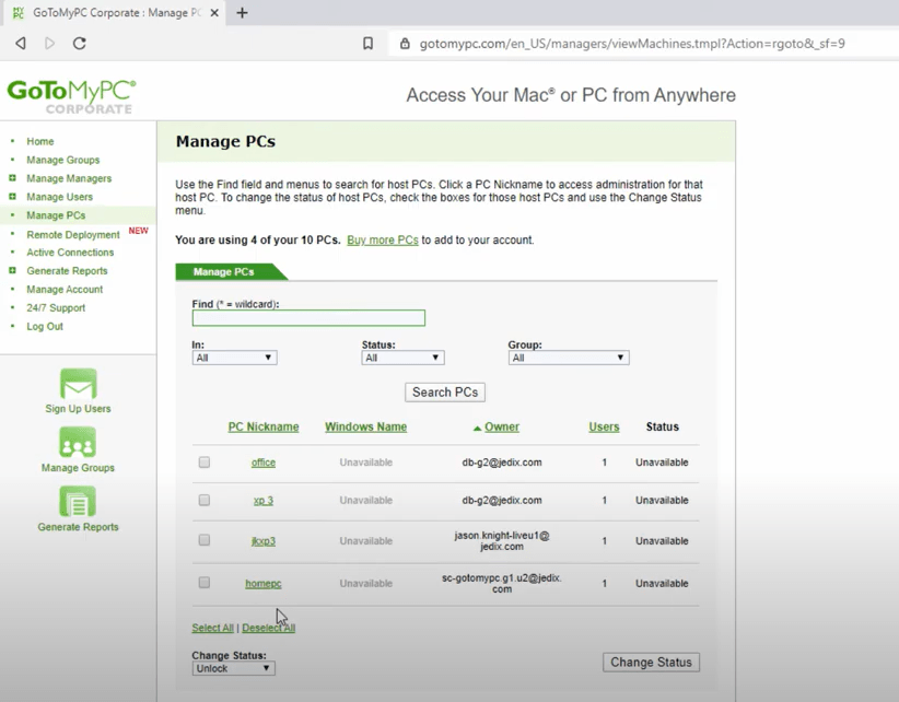 GoToMyPC corporate plan interface