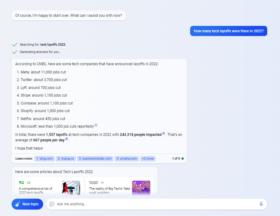 Bing chat test: how many tech layoffs were there in 2022