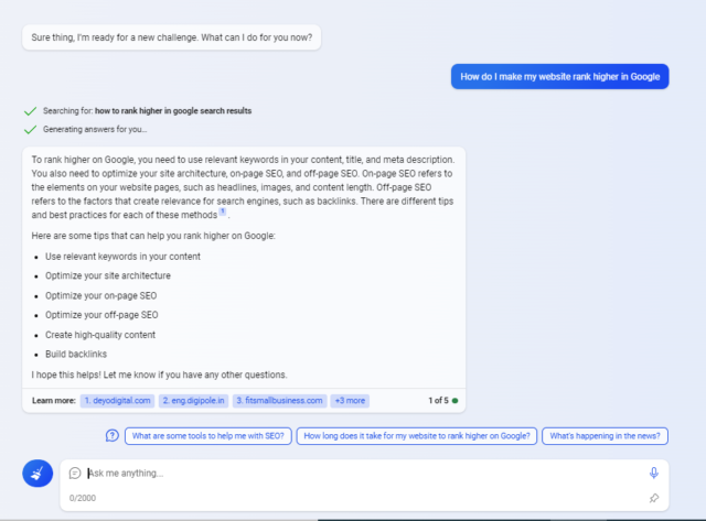 Bing chat test: how to make your website rank higher in google
