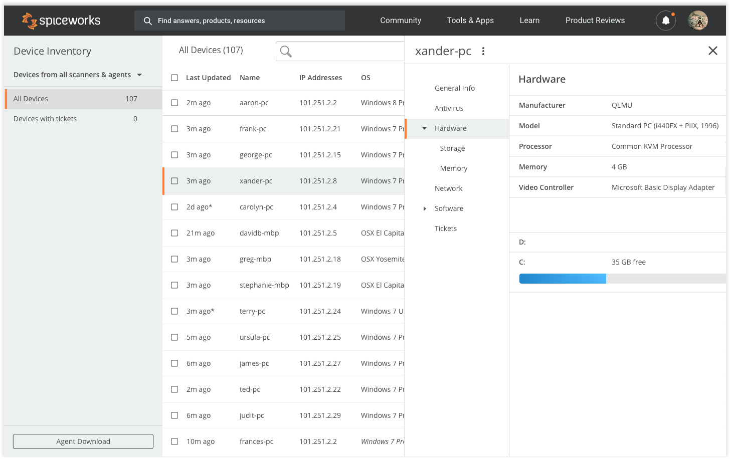 Spiceworks device inventory menu