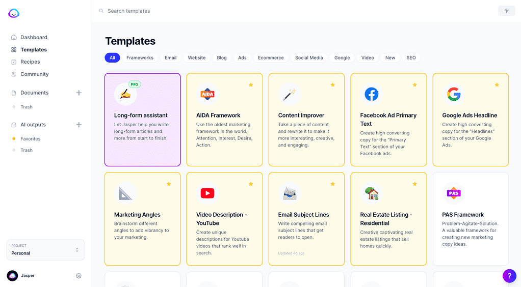 Jasper.ai content templates