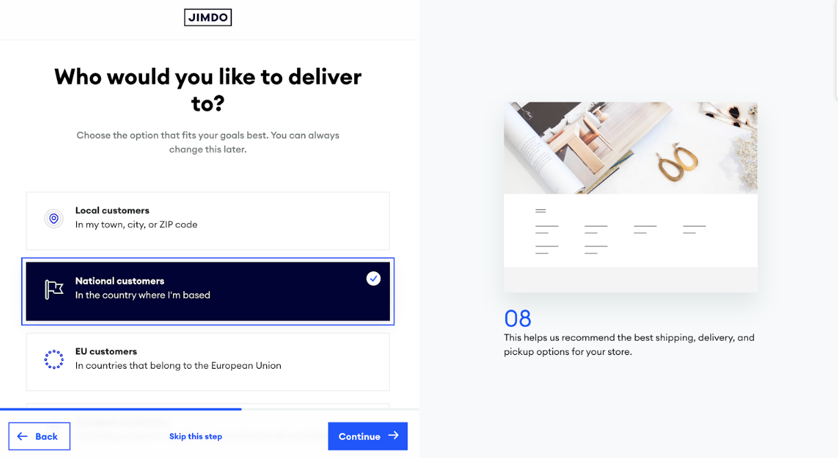jimdo set up quesiton 8: do you want to deliver?