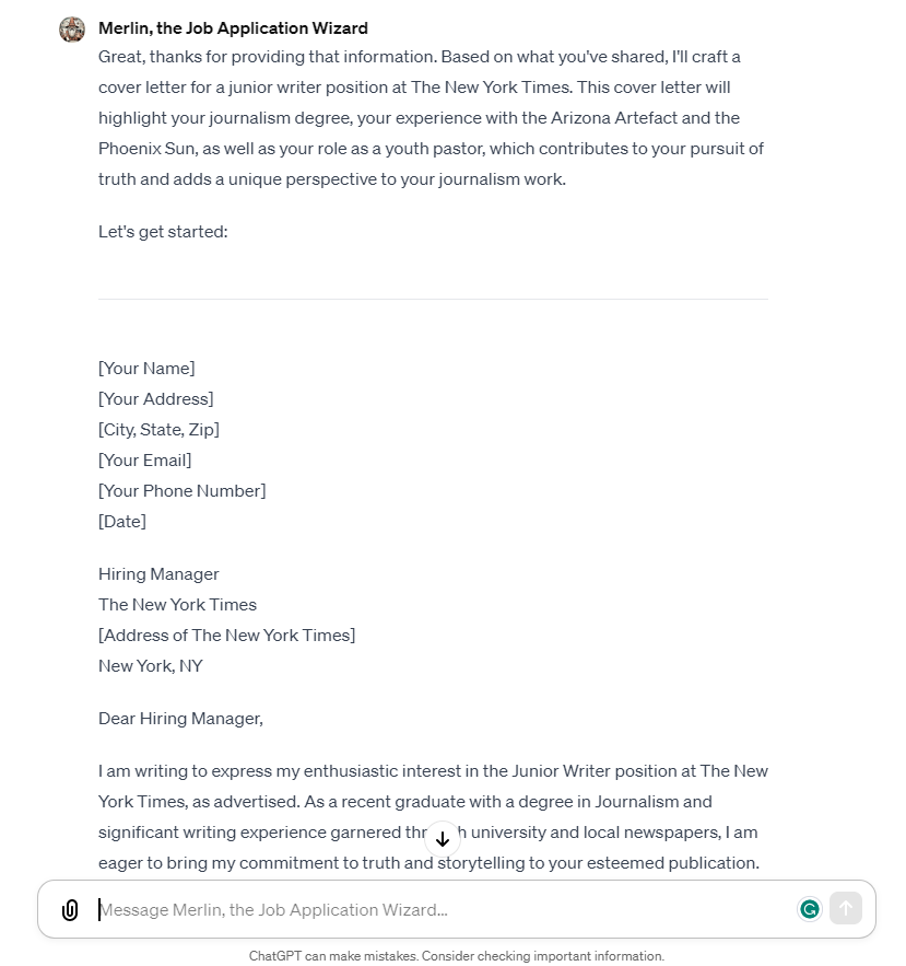 Merlin cover letter
