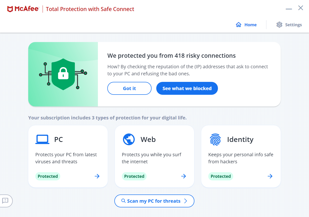 mcafee home screen