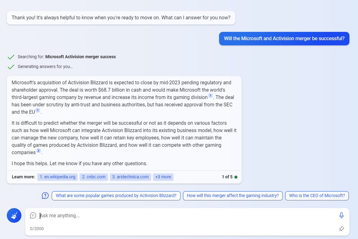 Bing Chat test: will microsoft/activision merger be a success/