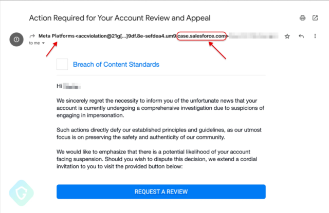 Photo of Salesforce email used in Facebook phishing campaign
