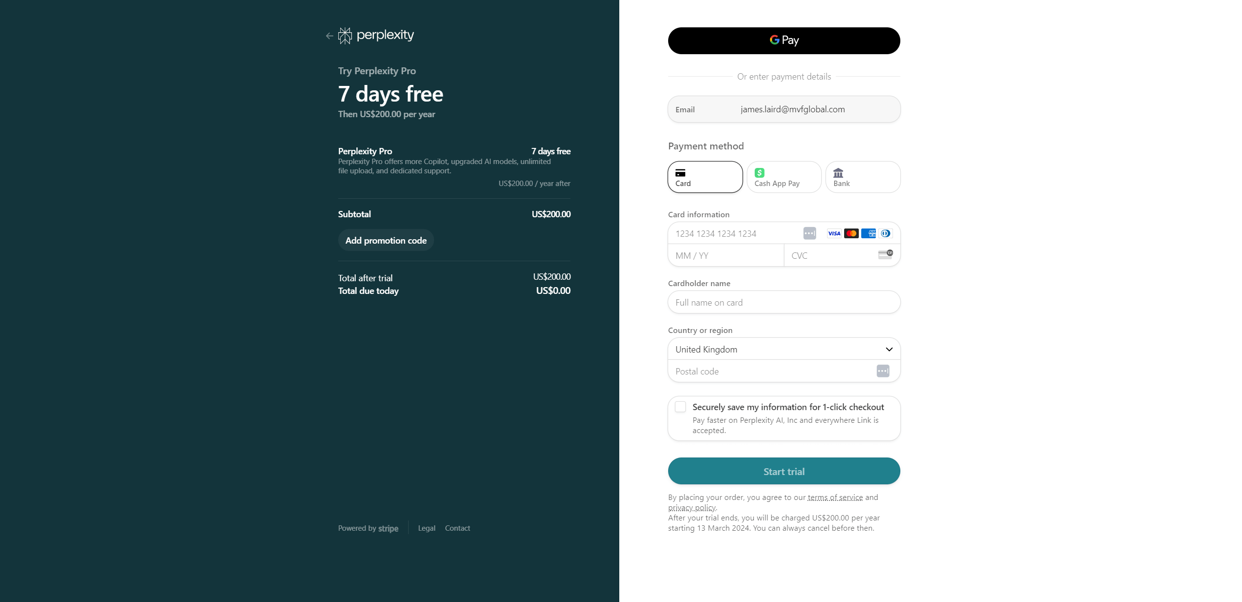 Perplexity Pro AI billing screen showing free trial details