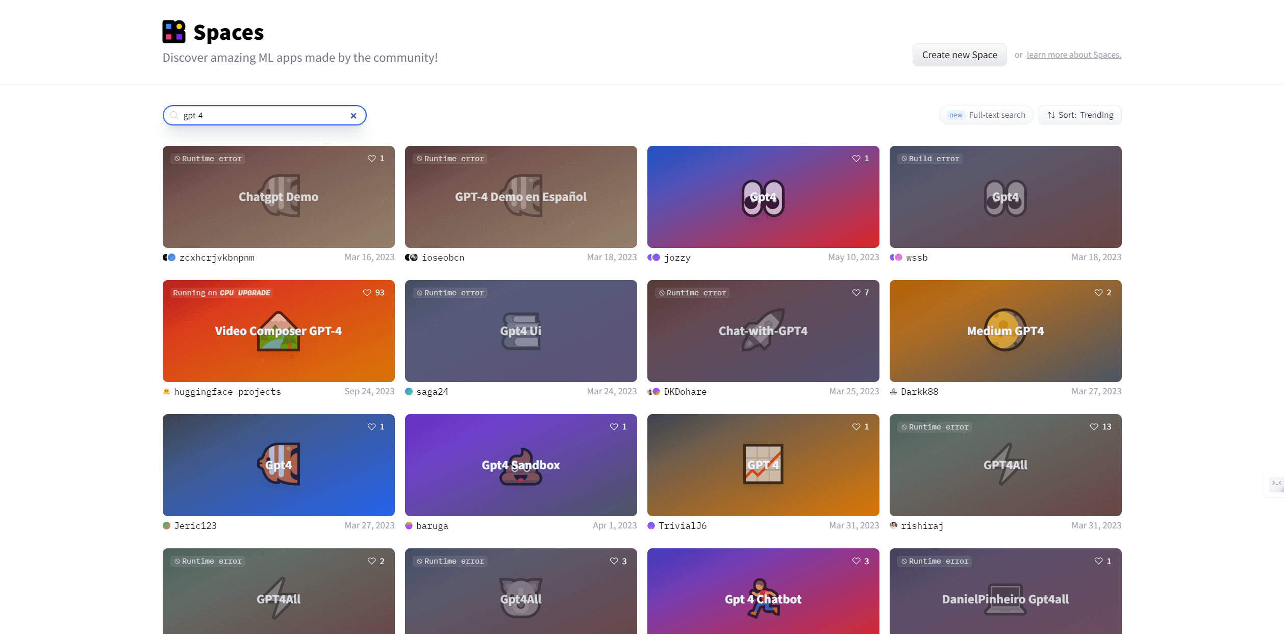 Screenshot of GPT-4 Spaces on open source AI community Hugging Face website
