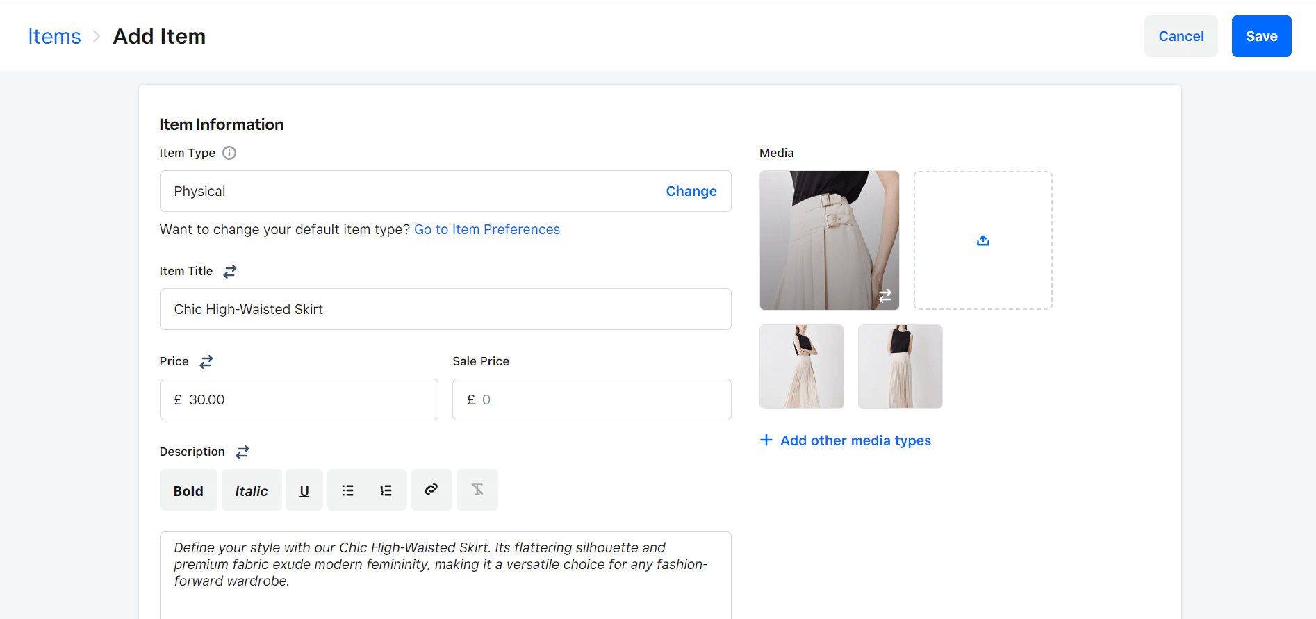 Each item in the Square Online inventory can have multiple photos. Source: Tech.co testing