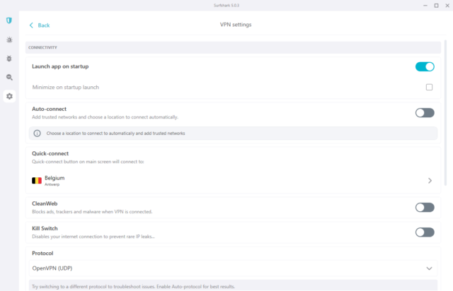 A screenshot of advanced settings in the Surfshark VPN app for WIndows