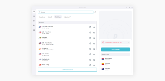 The interface of the Surfshark VPN app feautring options to connect to different server locations.