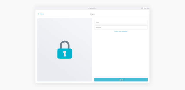 A log-in window for the Surfshark VPN app