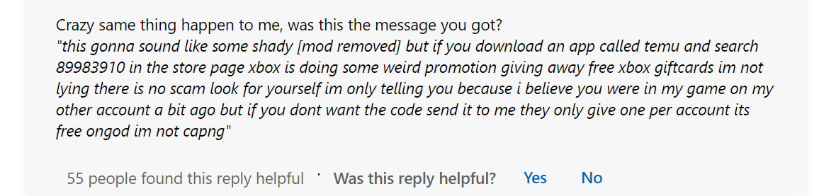 A Temu-related Xbox scam message