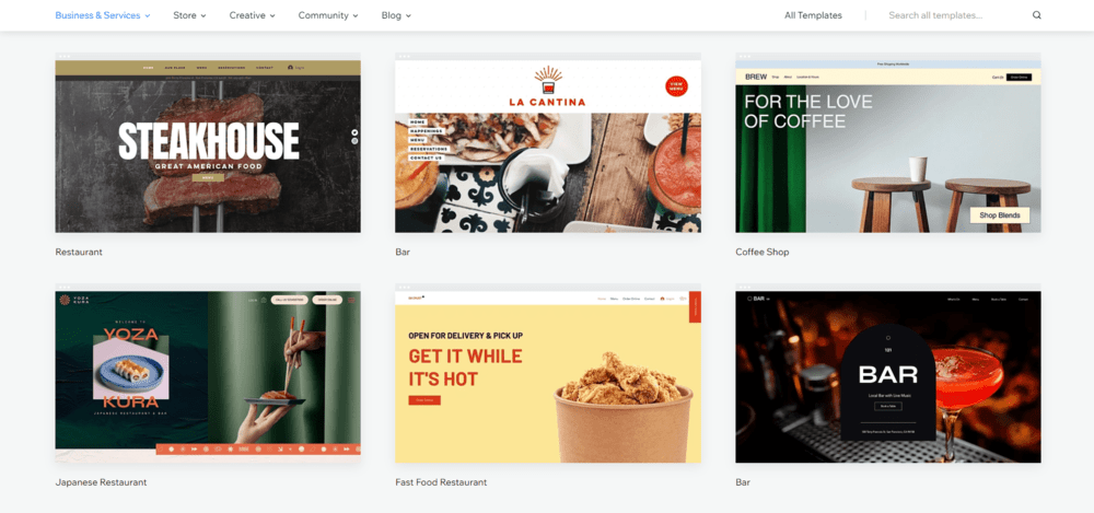Wix's restaurant templates