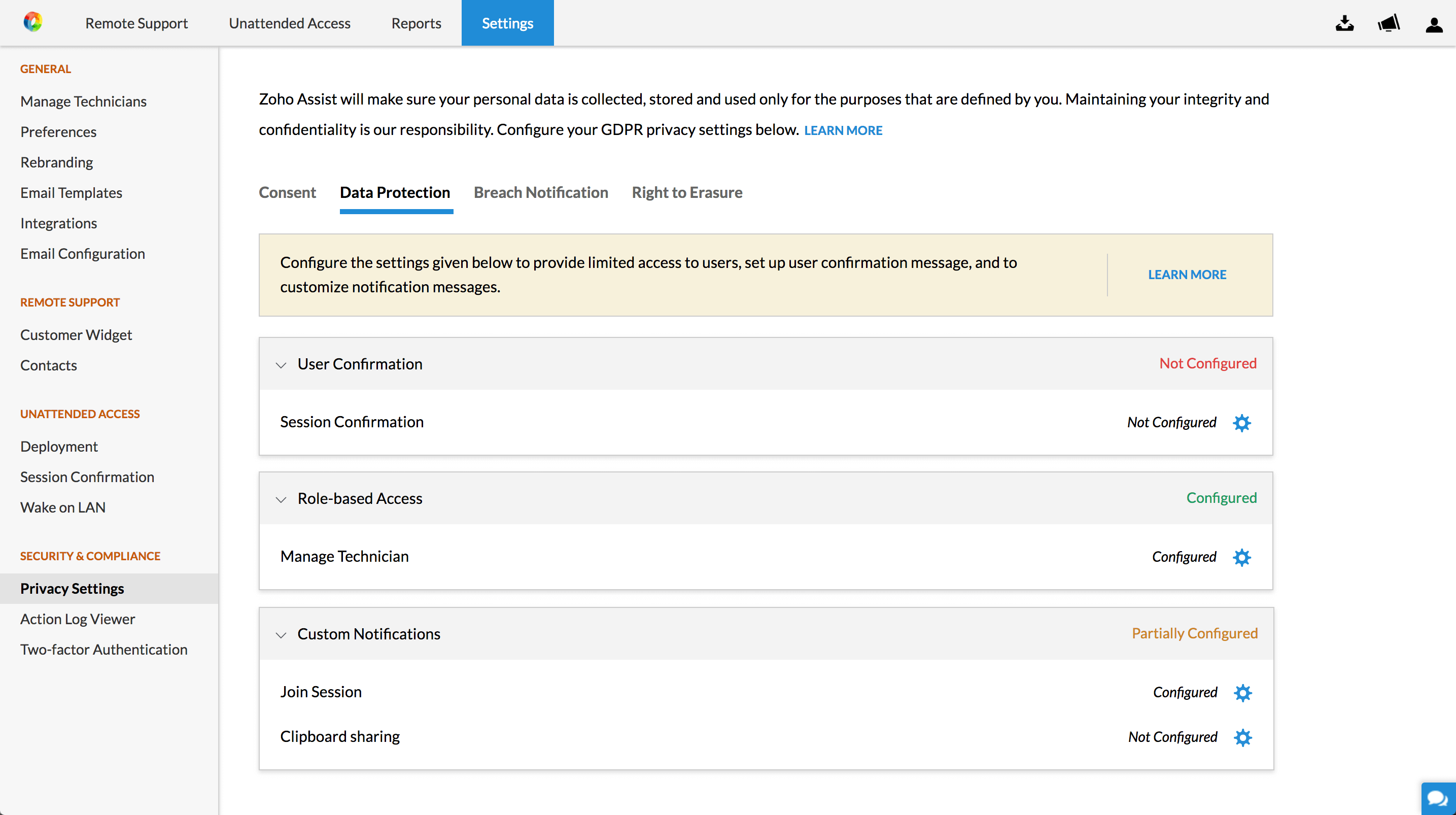 Zoho Assist privacy settings
