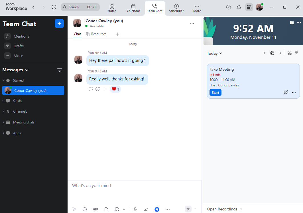 Zoom Team Chat interface. Source: Tech.co testing